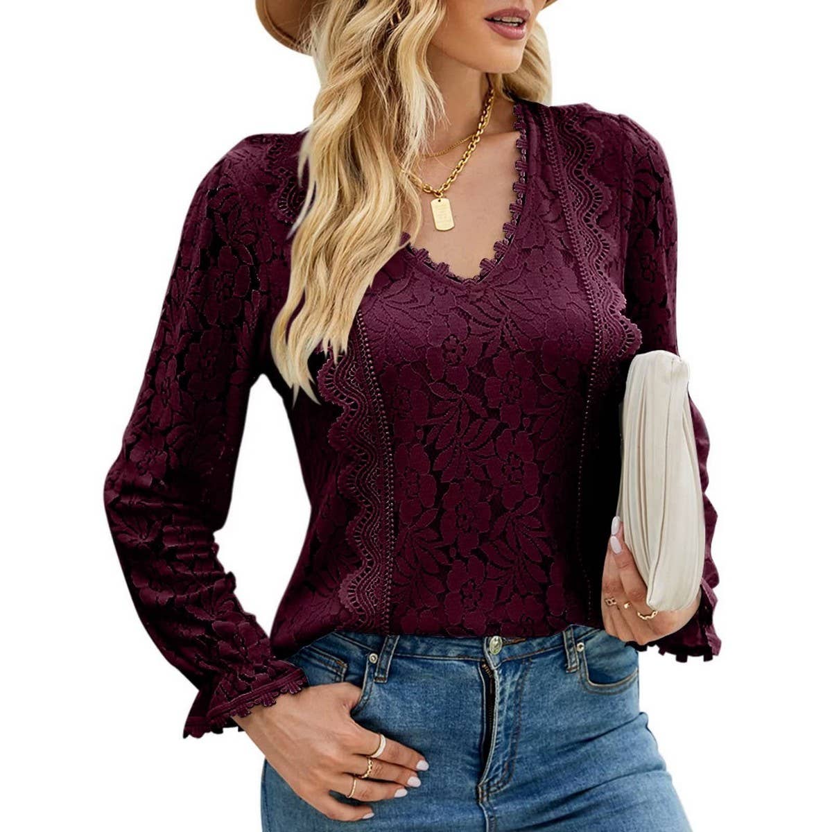 Cut-out lace sexy long sleeve lace top