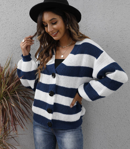 Color contrast stripe stitched cardigan