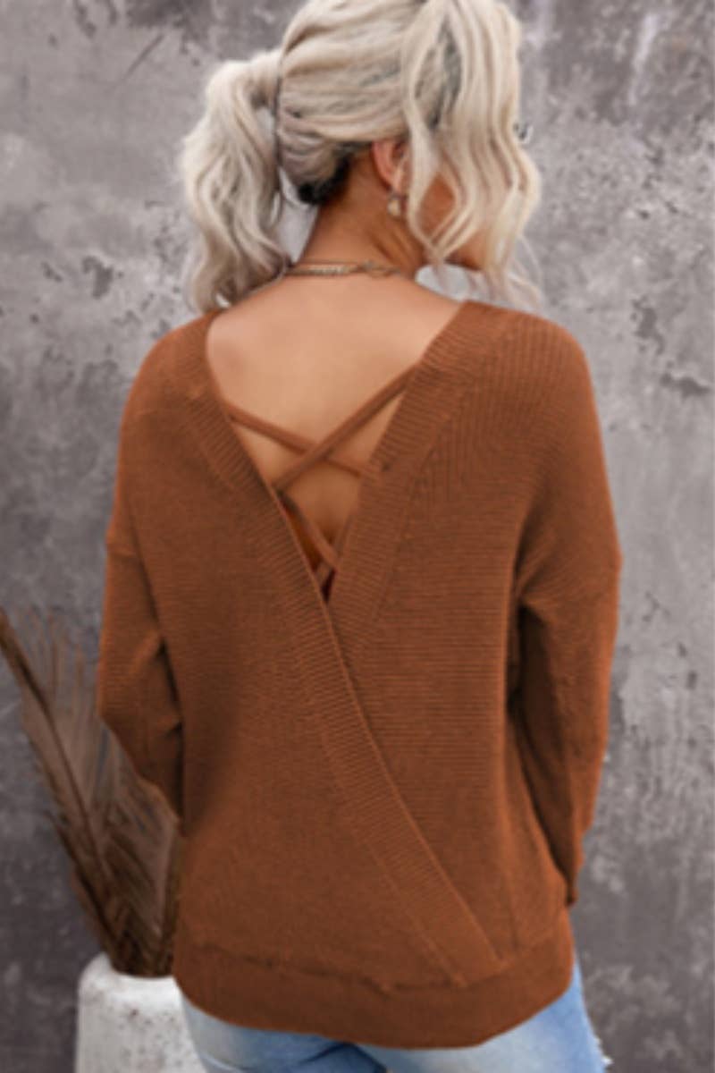CWOSWL6676_CREW-NECK BACKLESS LONG-SLEEVED KNIT TOP