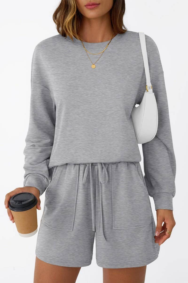 CWSTB00405_CREW NECK LONG SLEEVE SHORTS TWO-PIECE HOODIE SET