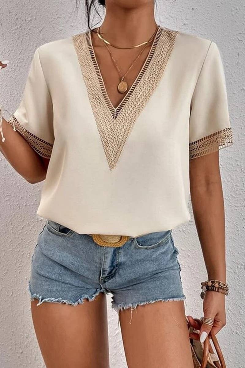 CWTBLS0826_V-NECK LACE CASUAL SOLID COLOR SHIRT