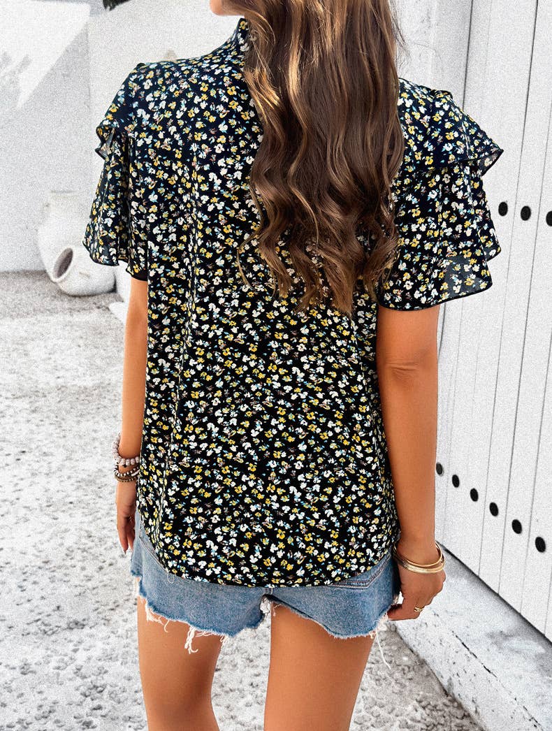 ELEGANT PRINTED FLORAL WOOD EAR BLOUSE