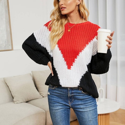 Color contrast large size patchwork striped sweater