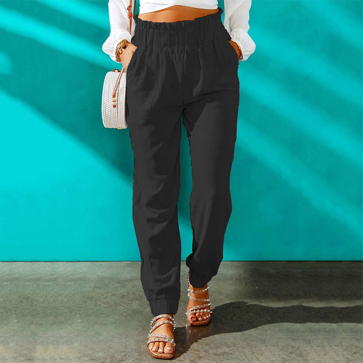 ELASTIC-WAISTED STRAIGHT LEG TWO-POCKET PANTS