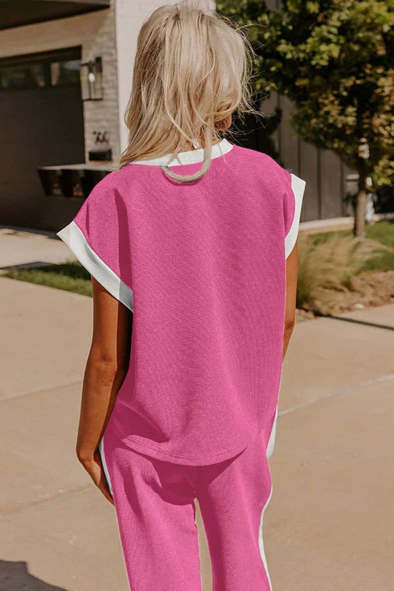 CWSTB1672_CONTRAST COLOR CREW NECK STRAIGHT PANTS SUIT