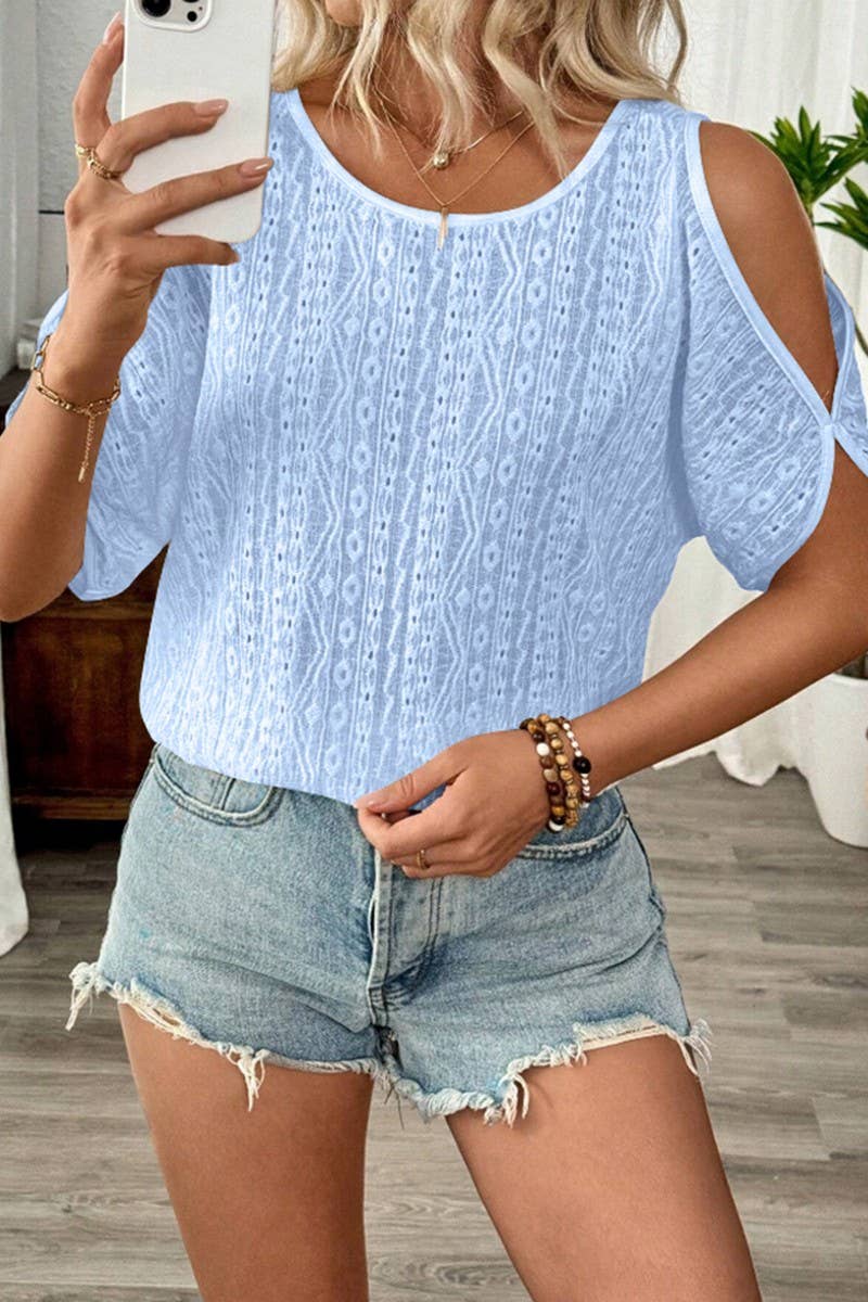 CWTBLS2261_SOLID COLD SHOULDER BATWING SLEEVE CUTOUT TEE