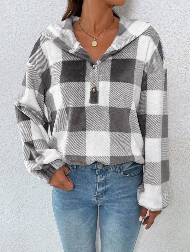 Checkered studs Loose hooded casual sweatshirt