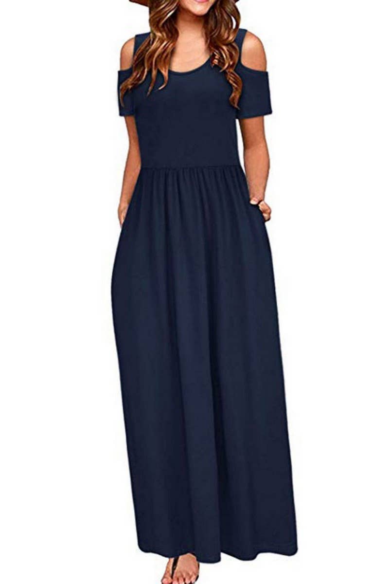CWDMD2070_ROUND NECK FASHIONABLE SHORT SLEEVE LONG DRESS
