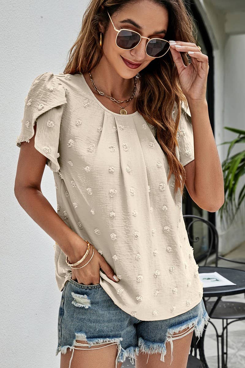 CWTBLS0342_Round neck Short Puff Sleeve Blouse