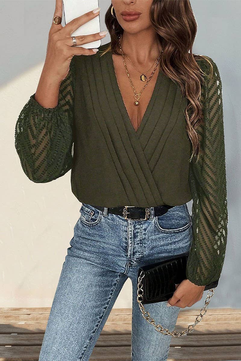 CWSBSL00030_SOLID V-NECK RUFFLE LACE SHEER BODYSUIT