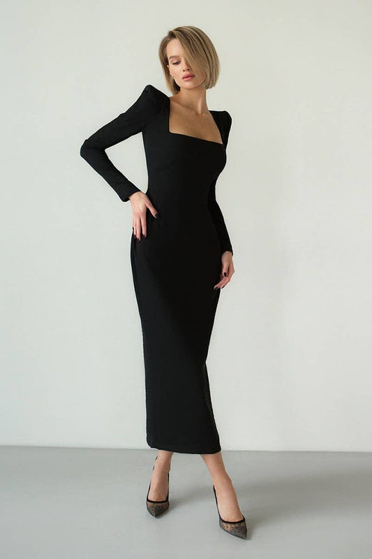 CWDMD4272_SQUARE NECK SLIM FIT LONG SLEEVE HIP DRESS