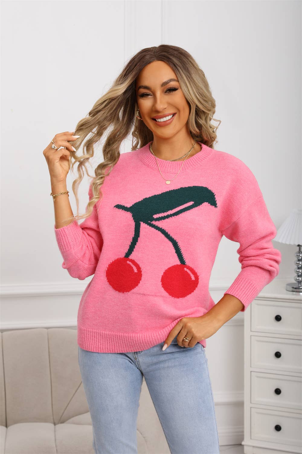 Cherry jacquard Valentine's Day knitted sweater