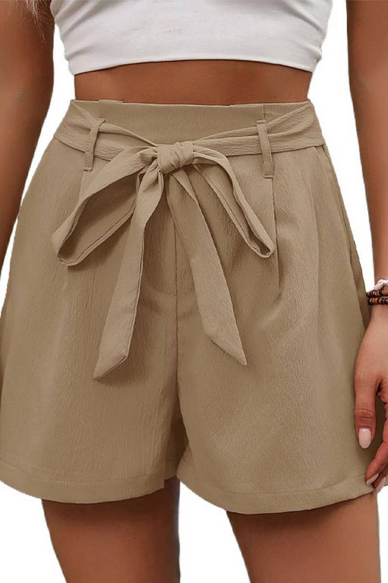 CWBSP0327_SOLID COLOR CASUAL LACE-UP SHORTS