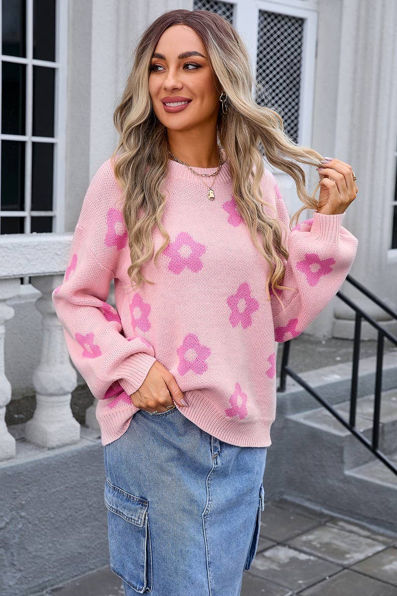CWOSWL3072_FLORAL PRINT LONG SLEEVE CREWNECK KNIT SWEATER