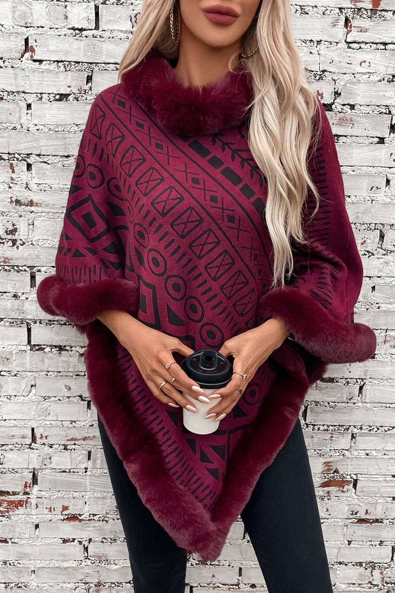 CWOSWS0094_FUR COLLAR GEOMETRIC PATTERN SWEATER SHAWL