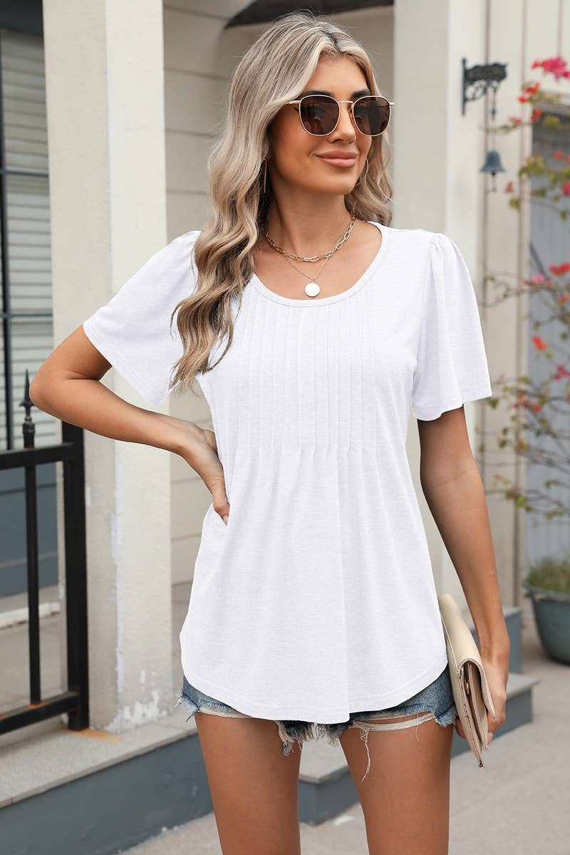 CWTBLS1724_LOOSE CREW NECK PLEATED PRINT SHORT SLEEVE TOP