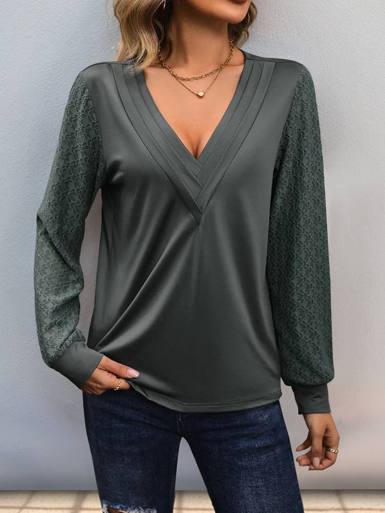 DEEP V-NECK PLEATED SOLID COLOR SIMPLE TOP