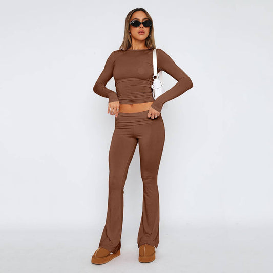 Crop top long sleeve flared trousers slim suit