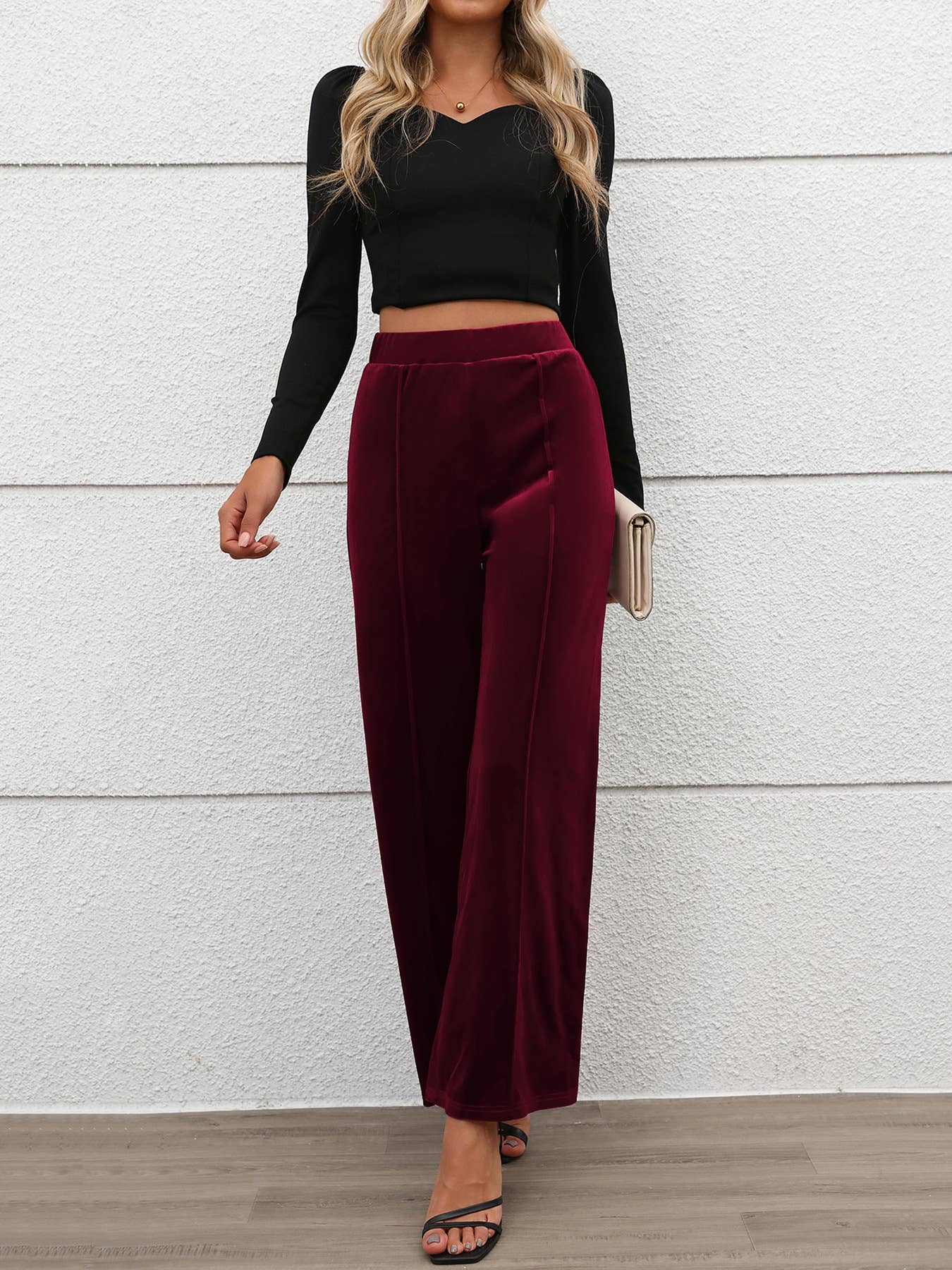 COMMUTER STYLE HIGH-WAISTED VELVET WIDE-LEG PANTS