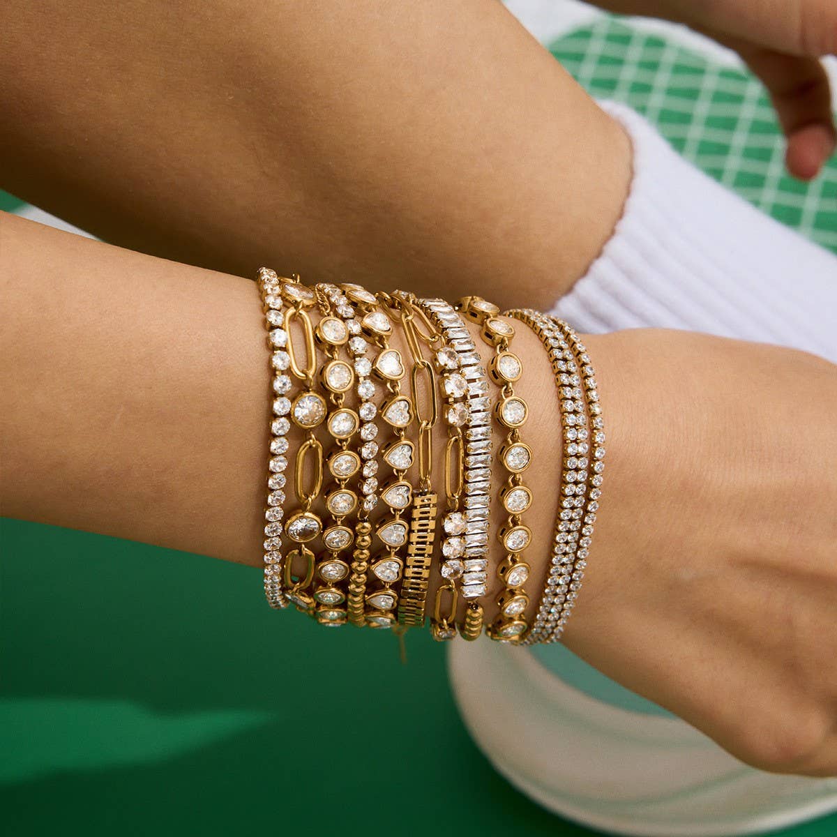 18K Gold White Zircon Tennis Bracelet, Steel_CWAJE4842