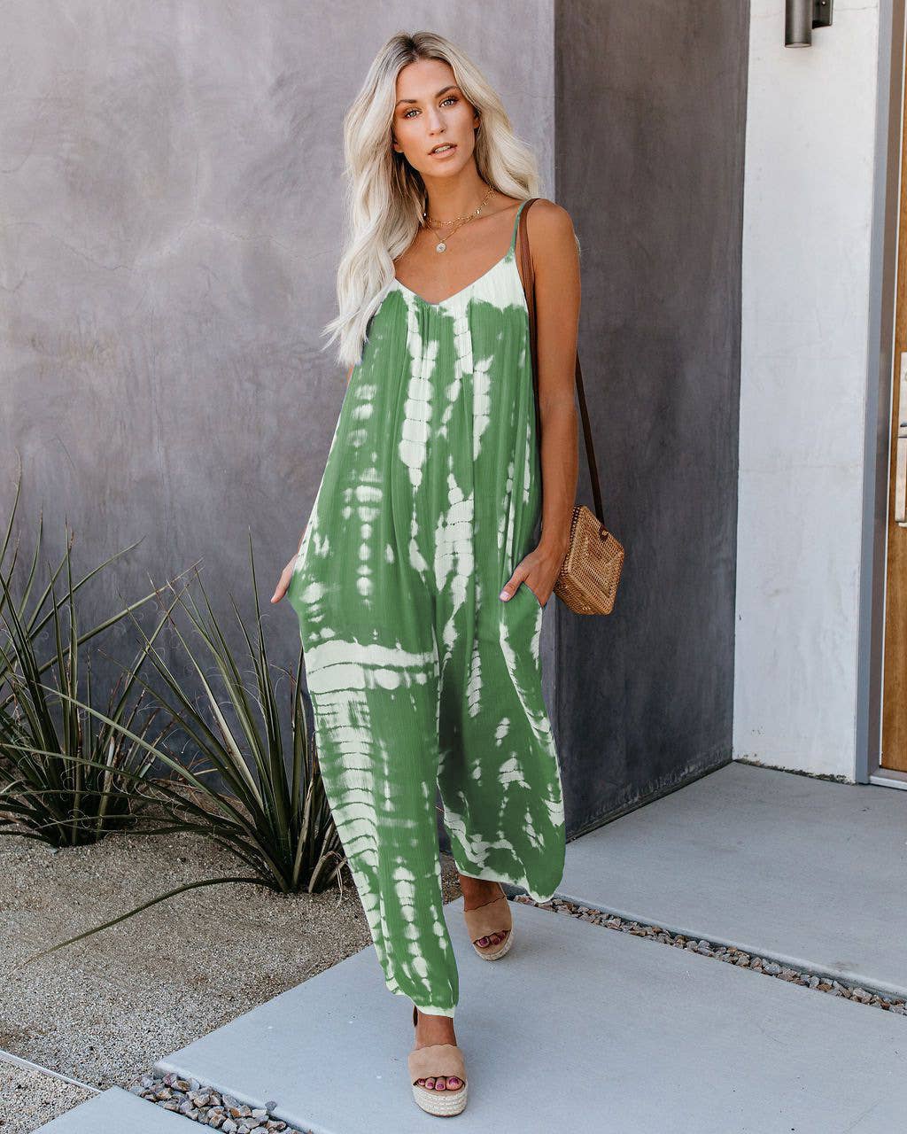 Abstract printed strappy sexy wide-leg jumpsuit