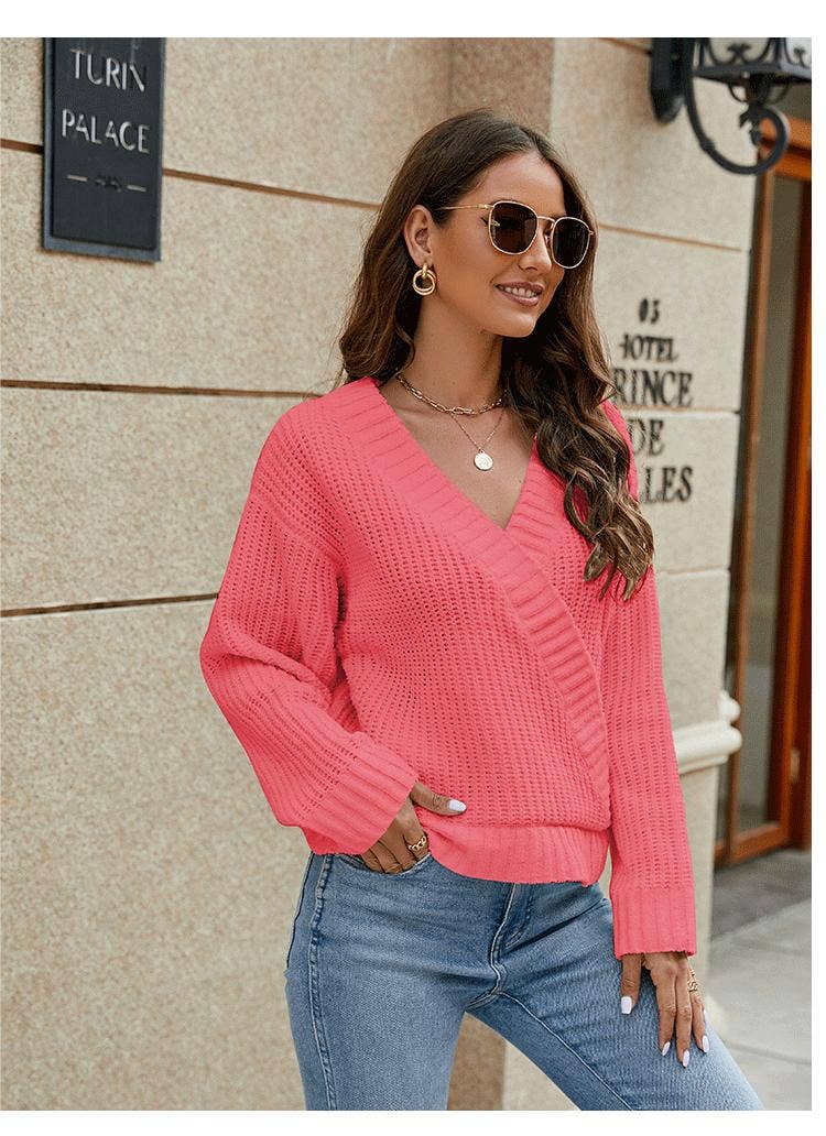 CHENILLE SWEATER WITH LOOSE V-NECK DESIGN