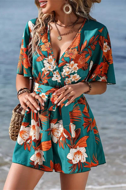 CWSJS1515_BEACH VACATION STYLE LOOSE BELT PRINTED JUMPSUIT