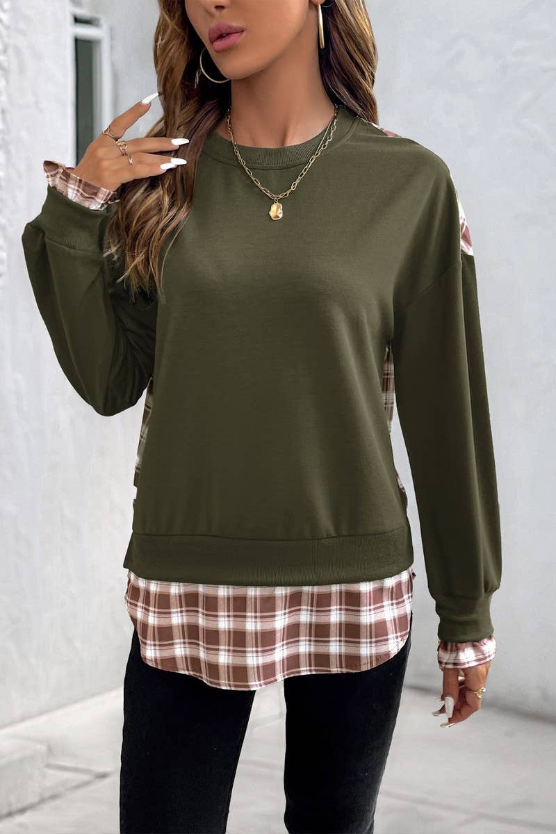 CWTBLL4053_PLAID PATCHWORK LIGHTWEIGHT CREWNECK SWEATSHIRT