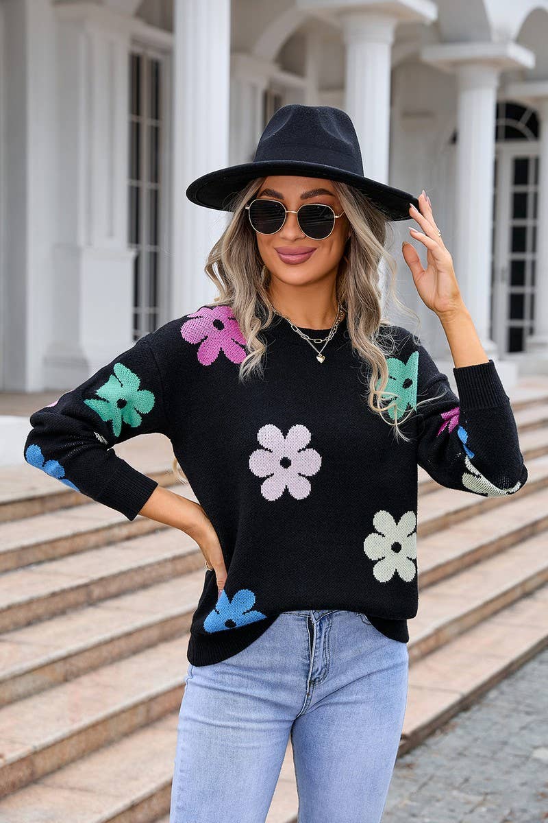 CWOSWL3074_FLORAL COLORBLOCK CASUAL CREWNECK SWEATER
