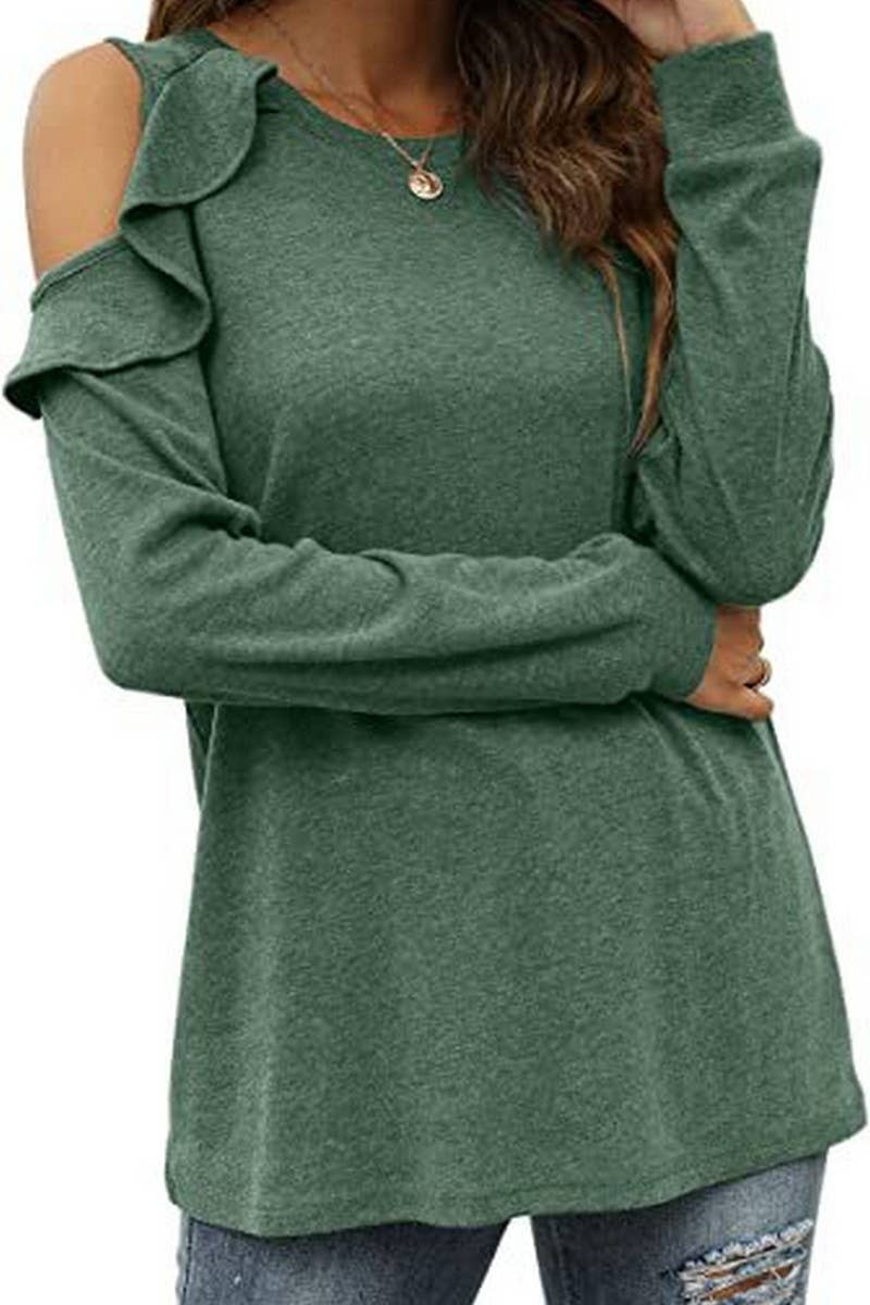 CWTBLL2671_ROUND NECK OFF-SHOULDER RUFFLED LOOSE TOP