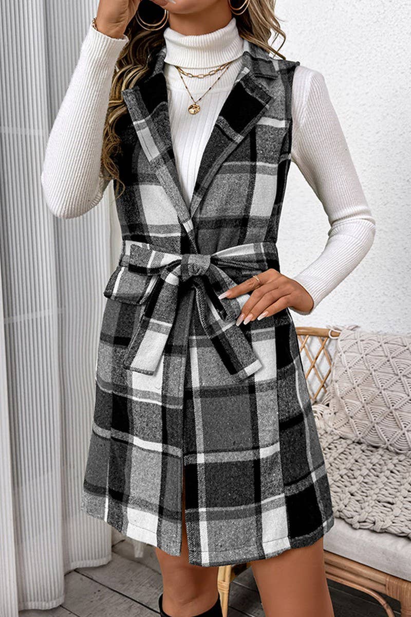 CWOV0570_PLAID TIE WAIST SUIT COLLAR SLEEVELESS LONG VEST