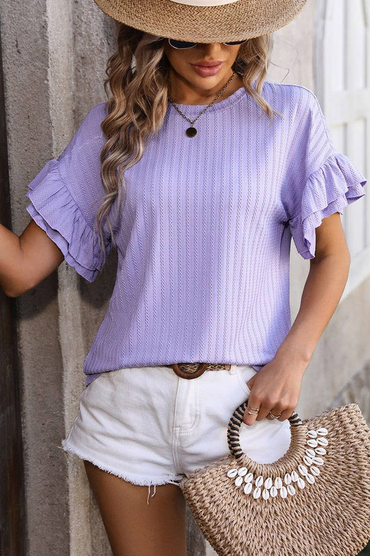 CWTBLS0906_ROUND NECK SHORT SLEEVE SHIRT WITH LOTUS SLEEVES