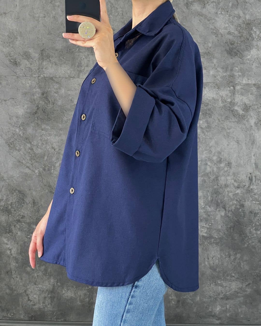 CASUAL LAPEL SOLID COLOR BAGGY POCKET BAGGY SHIRT