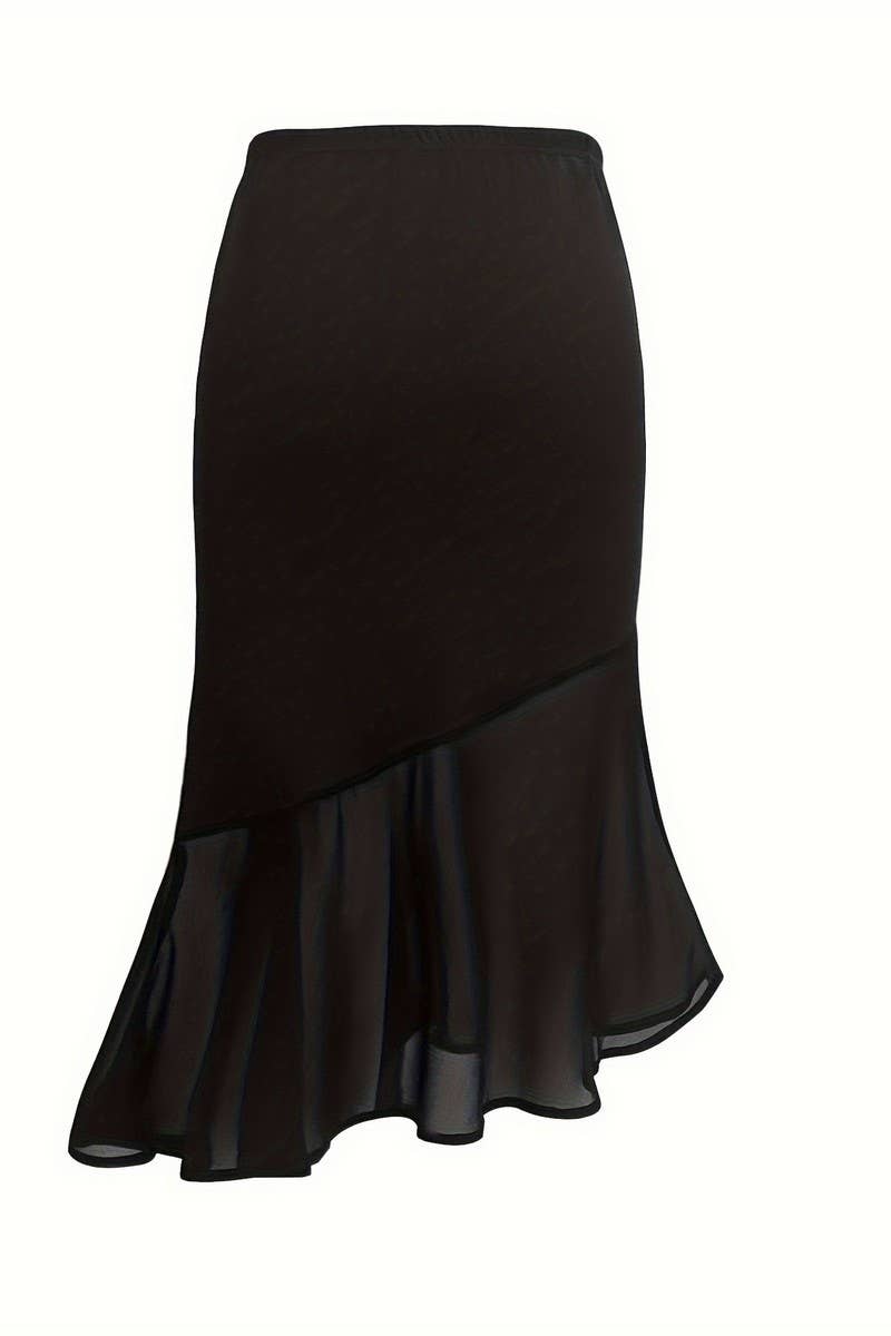 CWBMS0469_SOLID MESH FISHTAIL PENCIL SKIRT