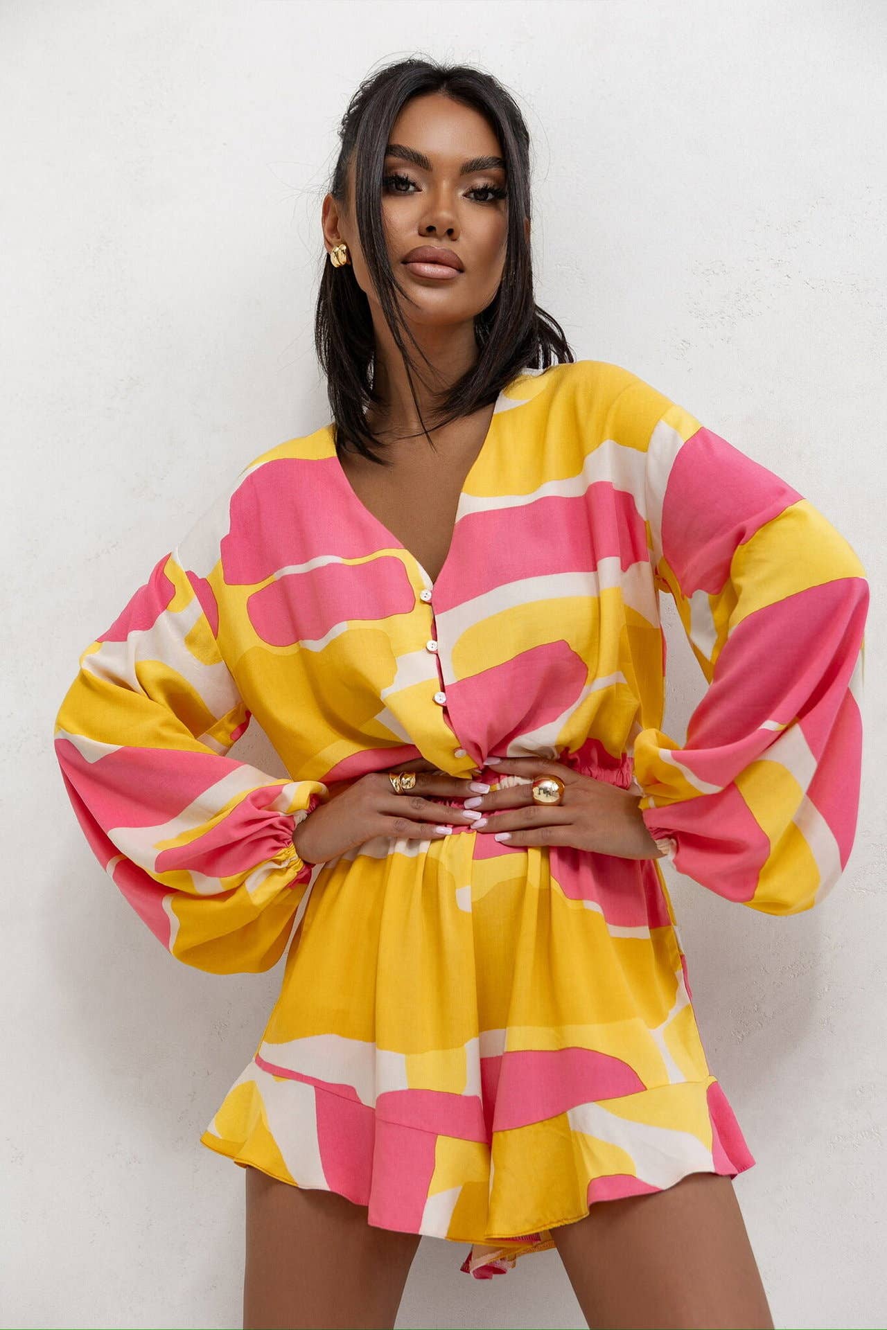 Fashionable printed long-sleeved one-piece shorts