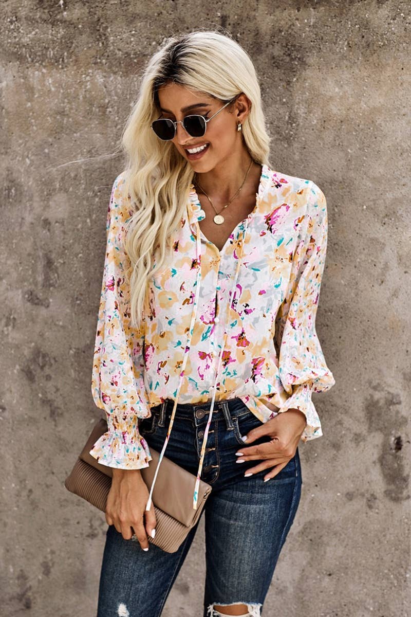 CWTBLL1151_FLORAL CHIFFON LONG SLEEVE V-NECK SHIRT TOP