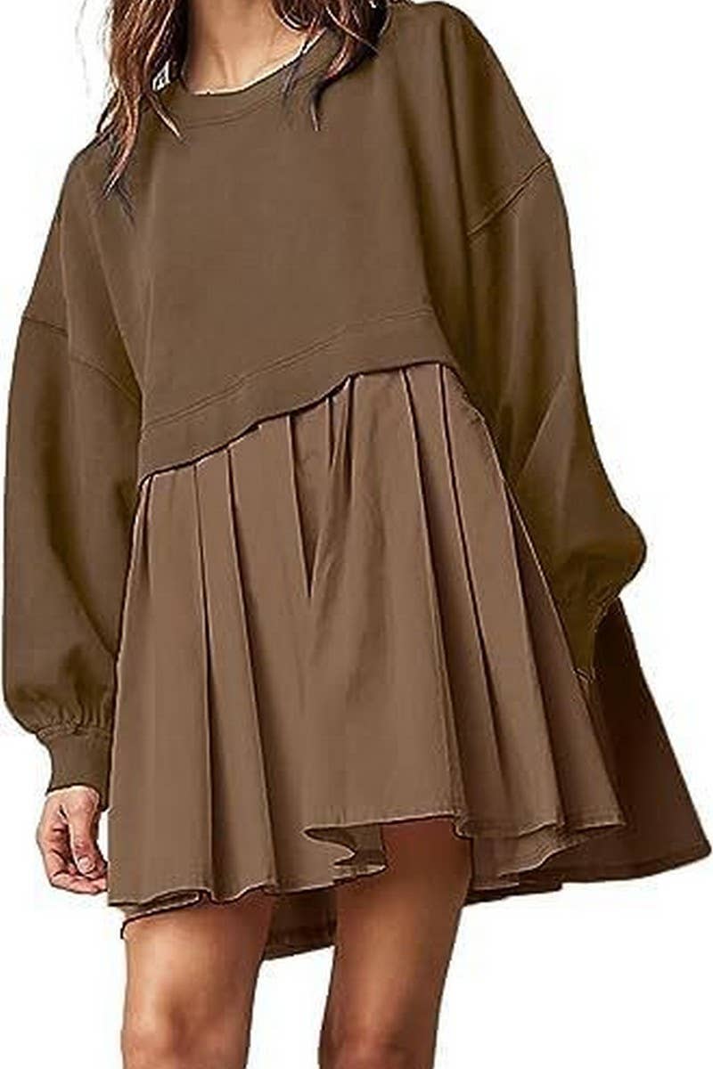 CWDSD10615_FAKE TWO-PIECE COLORBLOCK LOOSE PLEATED DRESS