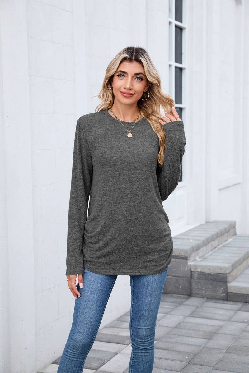 CWTBLL01304_COLORBLOCK RUCHED LONG SLEEVE CASUAL T SHIRT