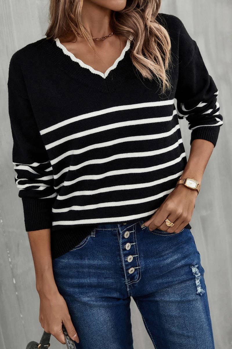 CWOSWL1706_V-neck Long Sleeve Striped Pullover Sweater