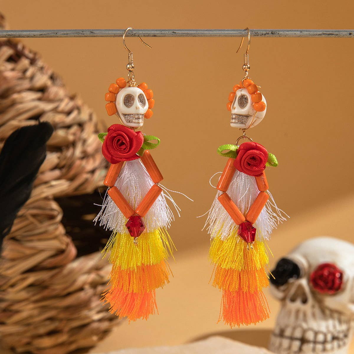 HALLOWEEN SKULL TASSEL RICE BEAD EARRINGS