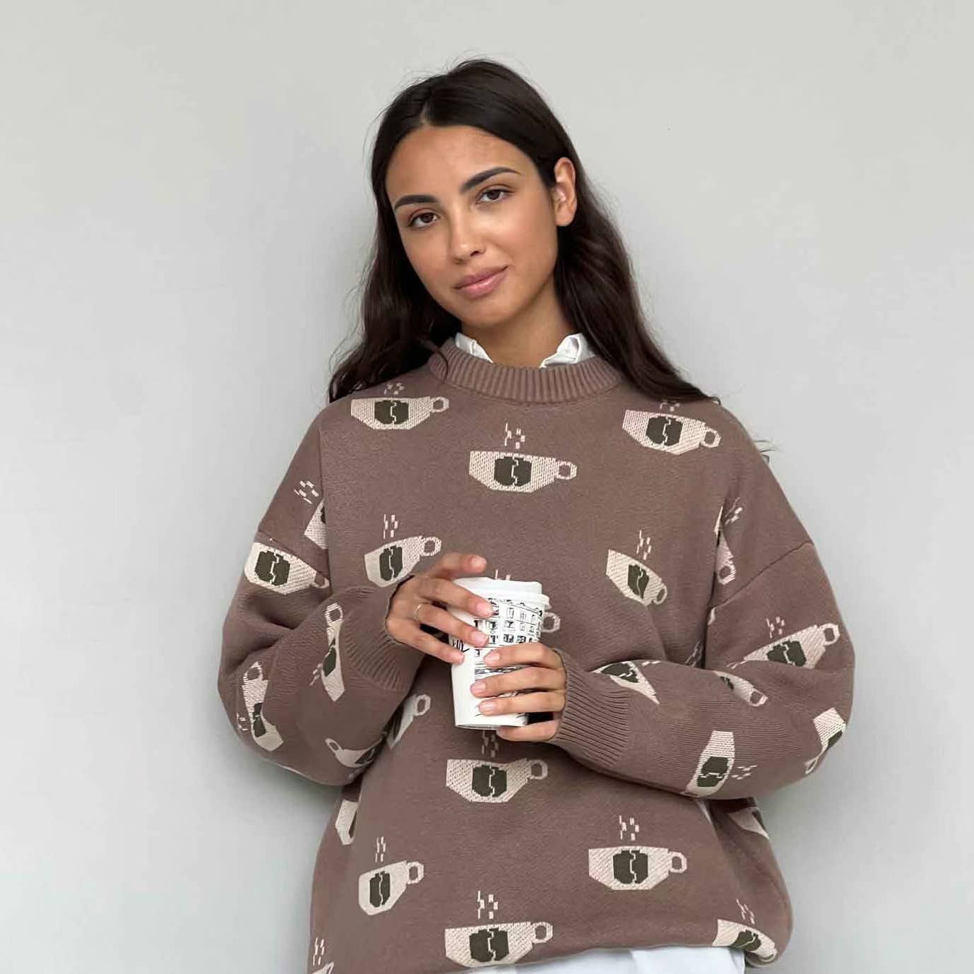 Coffee jacquard semi-turtleneck sweater