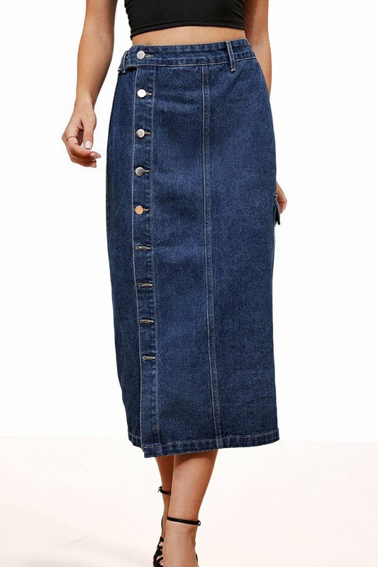 CWJSK00227_TRENDY HALF ELASTIC WAIST DENIM CARGO SKIRT