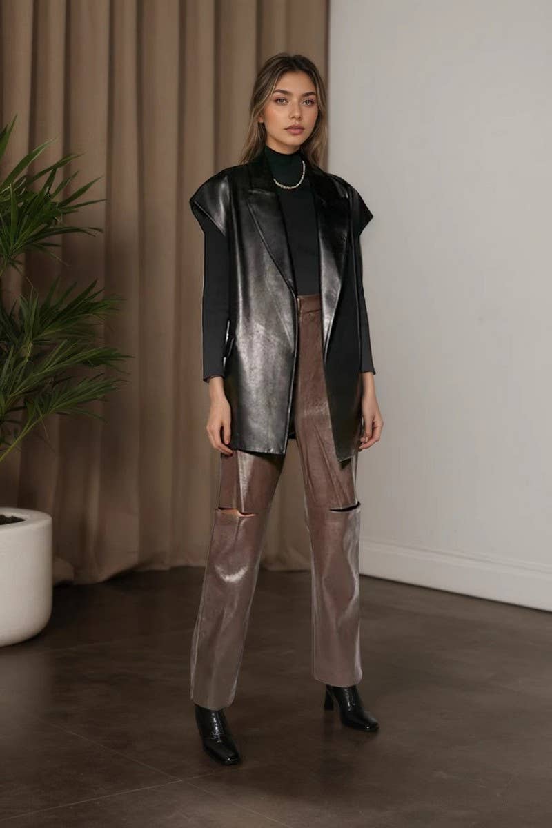 CWOV0790_SUIT COLLAR LEATHER SLEEVELESS LACE-UP VEST COAT