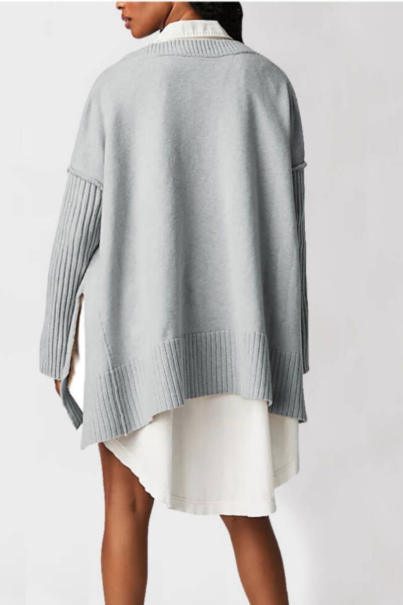 CWOSWL5822_V-NECK LONG SLEEVE SWEATER WITH IRREGULAR SPLIT