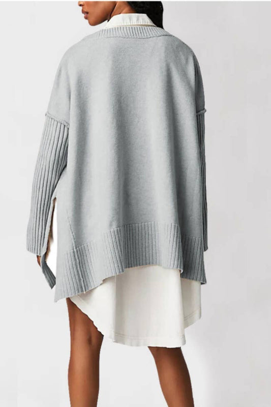 CWOSWL5822_V-NECK LONG SLEEVE SWEATER WITH IRREGULAR SPLIT