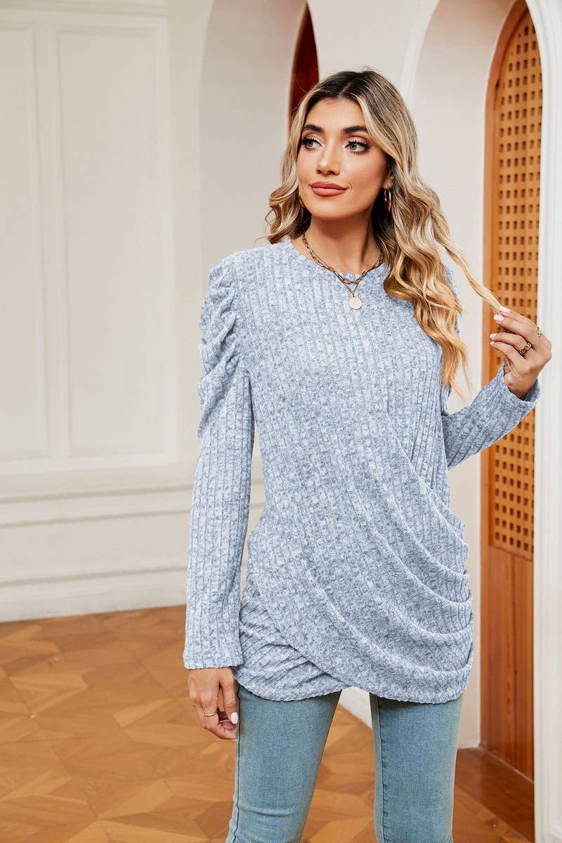 CWTBLL2403_ROUND NECK LONG SLEEVE TWISTED PUFF SLEEVE TOP