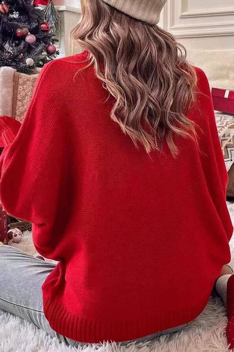 CWOSWL2442_LOVE HIGH COLLAR BAT SLEEVE PULLOVER KNIT TOP