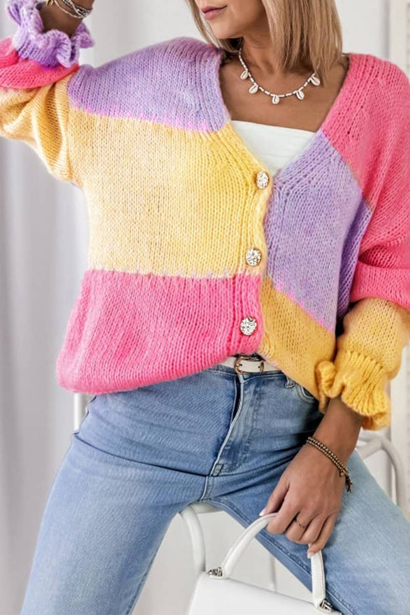 CWOCAL2362_COLORBLOCK RUFFLE EDGE LOOSE KNIT CARDIGAN