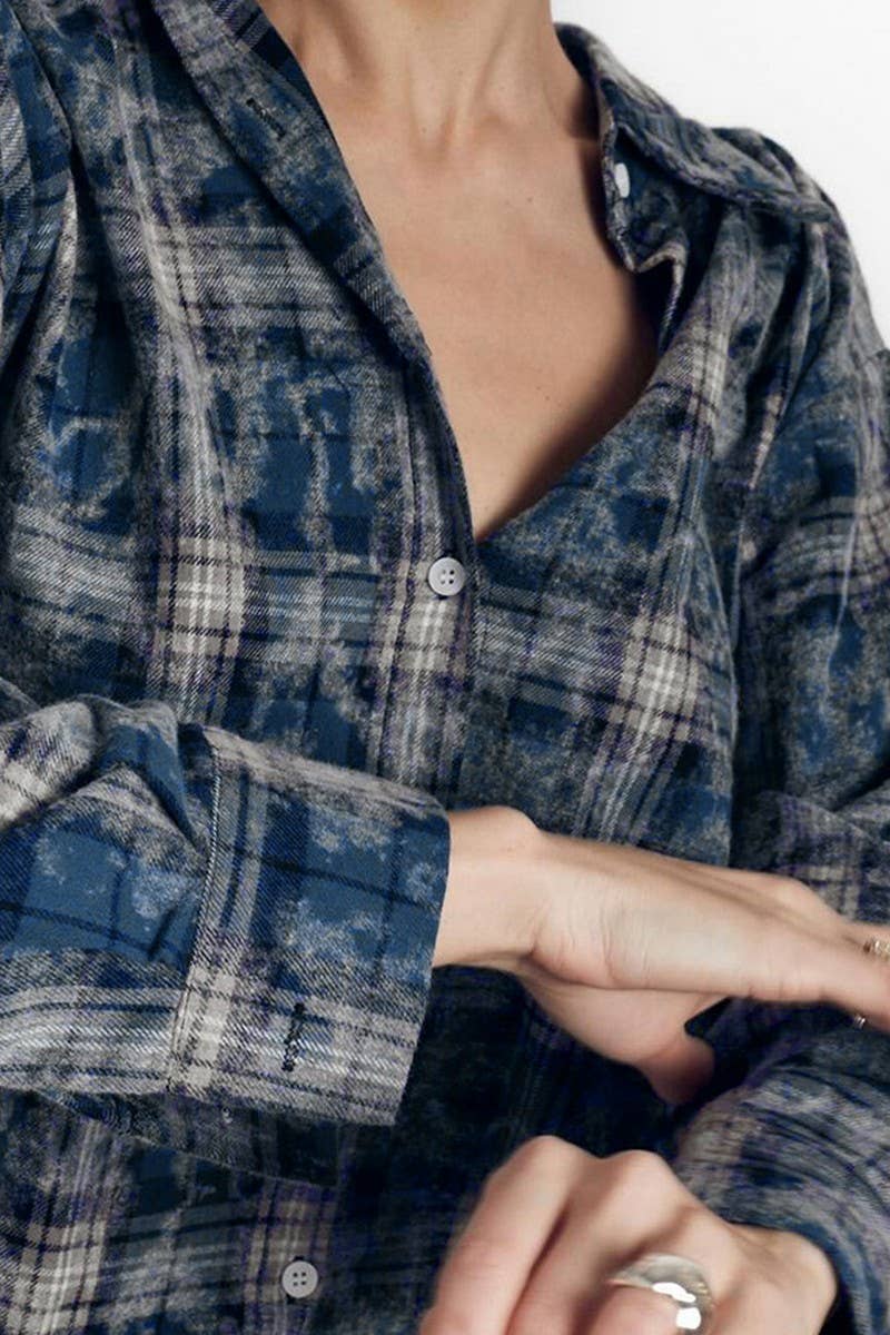 CWTBLL00625_PLAID LOOSE RUFFLED PLAID LONG-SLEEVED SHIRT