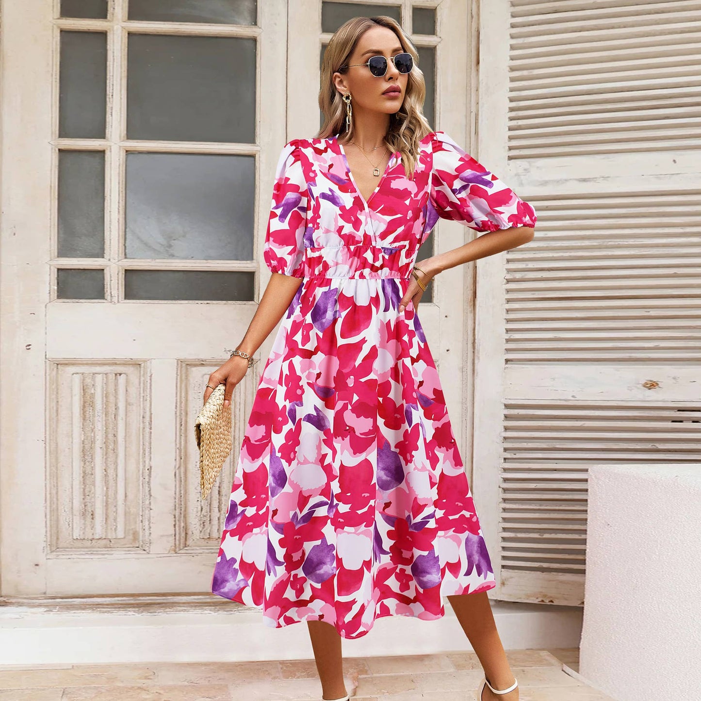 Boho V-Neck Floral Maxi Dress with Waist Tie